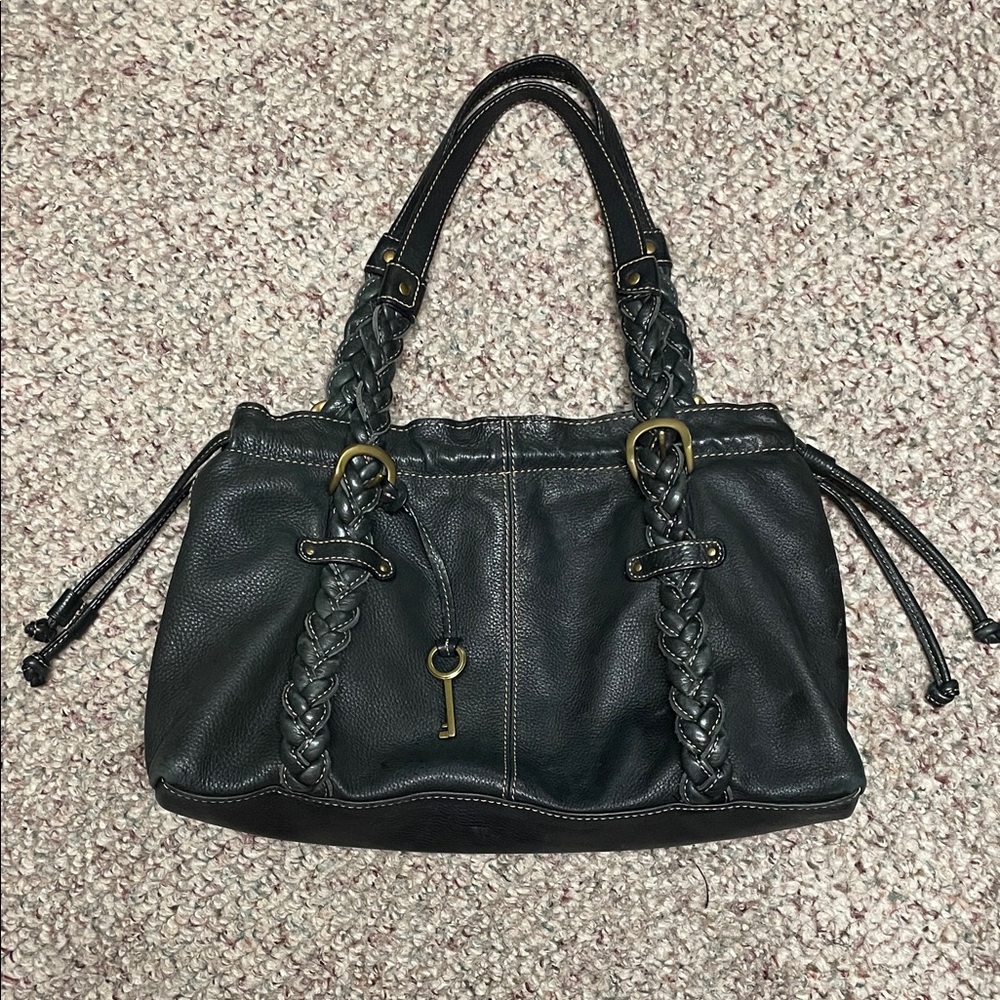 Fossil green Leather Handbag with dangle key charm and braided accent